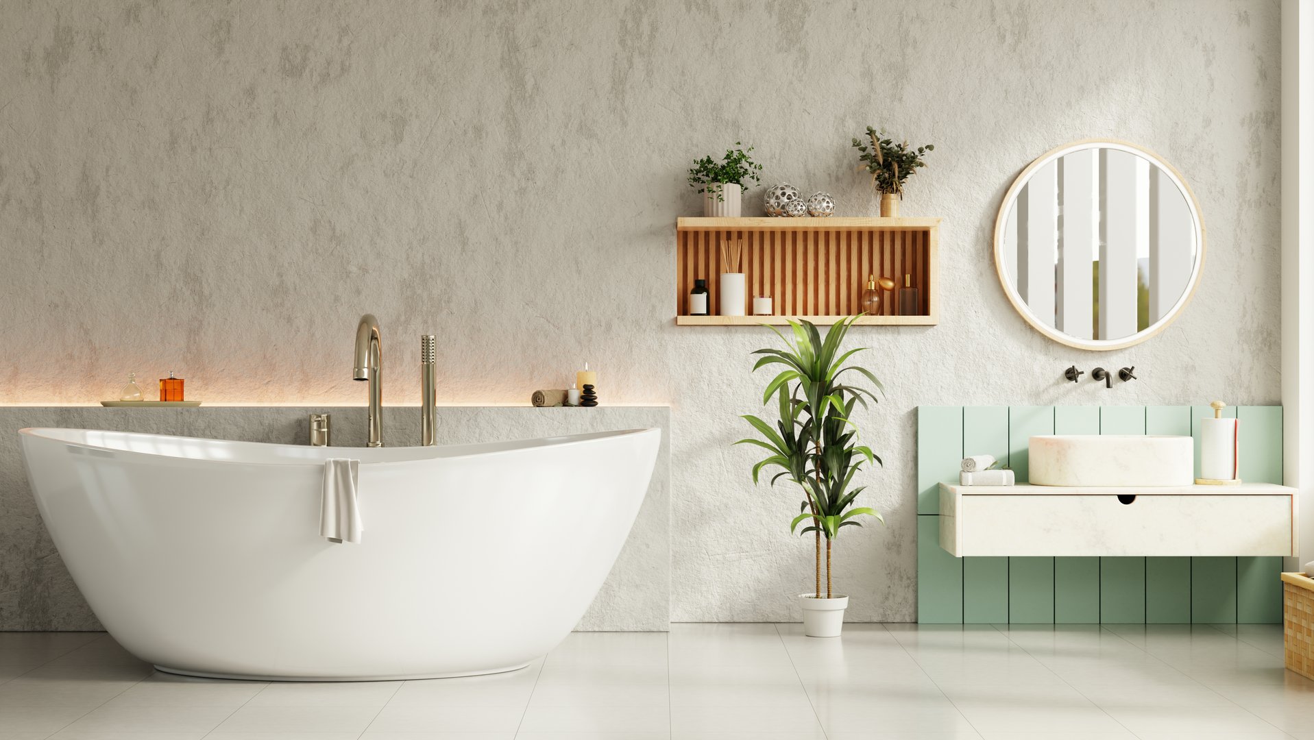 Mockup wall modern bathroom interior with pastel tones features a round mirror- 3D rendering