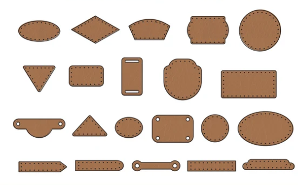 Assorted brown leather patches in various shapes with stitching, displayed on a white background.
