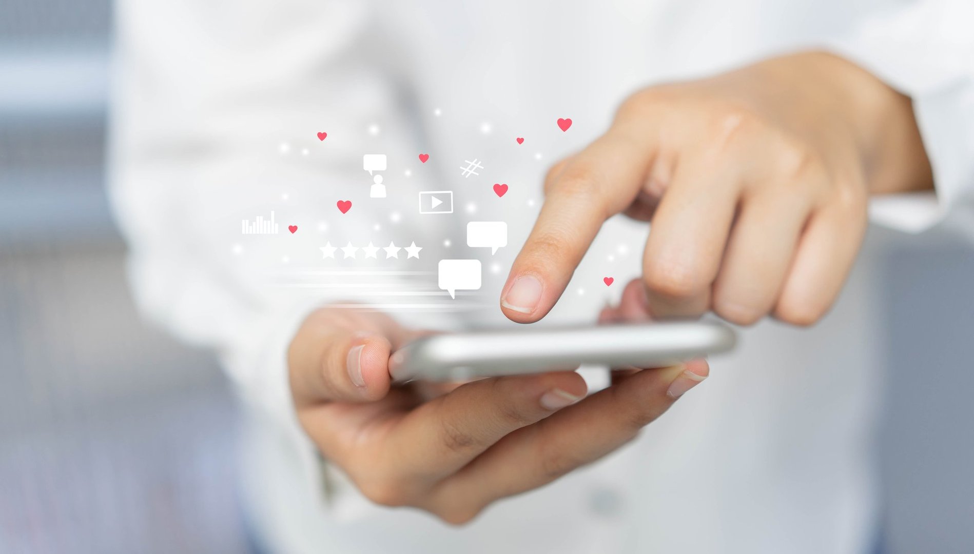 close up  woman hand touchscreen on smartphone's display to working about futuristic of social media marketing icon for internet network technology and business concept