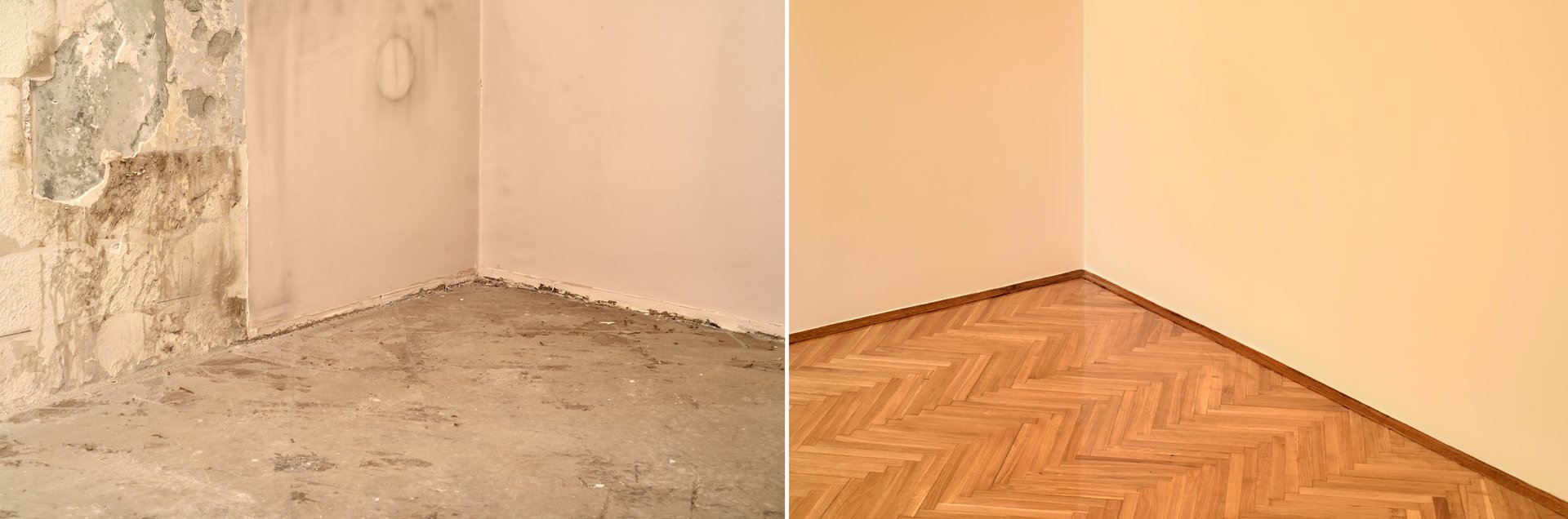 Damaged floor and wall with cracks in domestic room before renovation is on the left side of the photo. On the right side there is the same room after restoration (painted wall and new parquet).