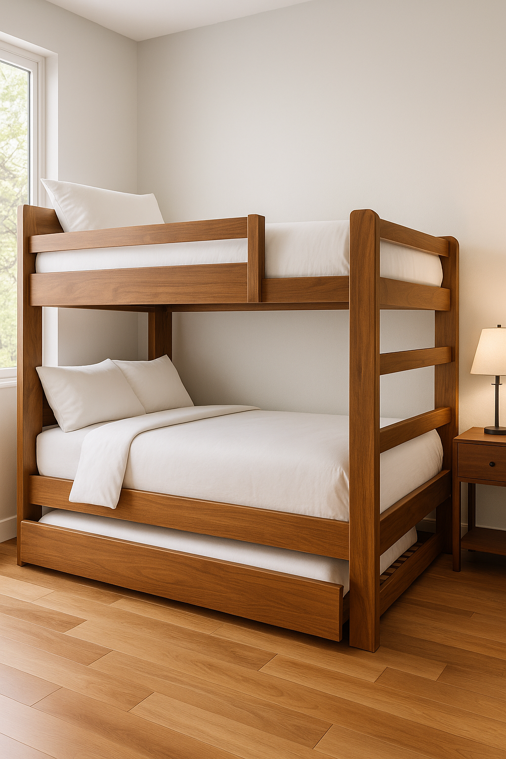 Litera fabricada en madera de parota con líneas redondeadas y almacenamiento integrado