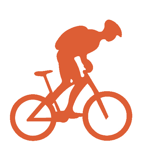 Silhouette of a person riding a bicycle, depicted in orange against a white background.