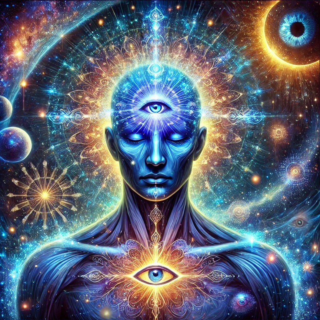 Abstract cosmic being with a third eye, surrounded by celestial patterns and glowing orbs, in a vibrant, mystical scene.