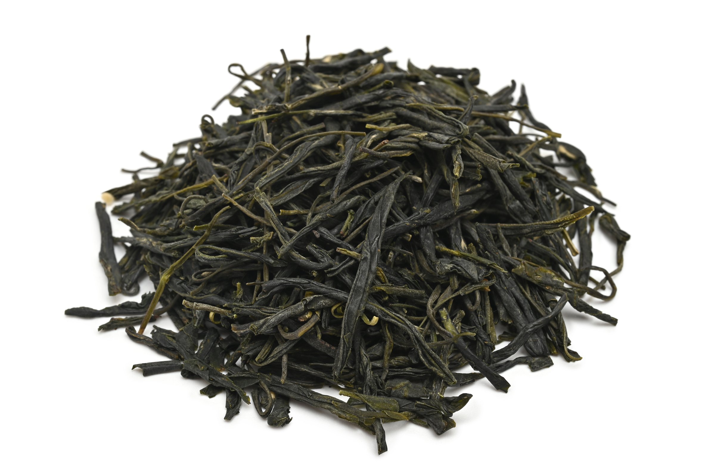 Heap of Japanese Gyokuro green tea on white background