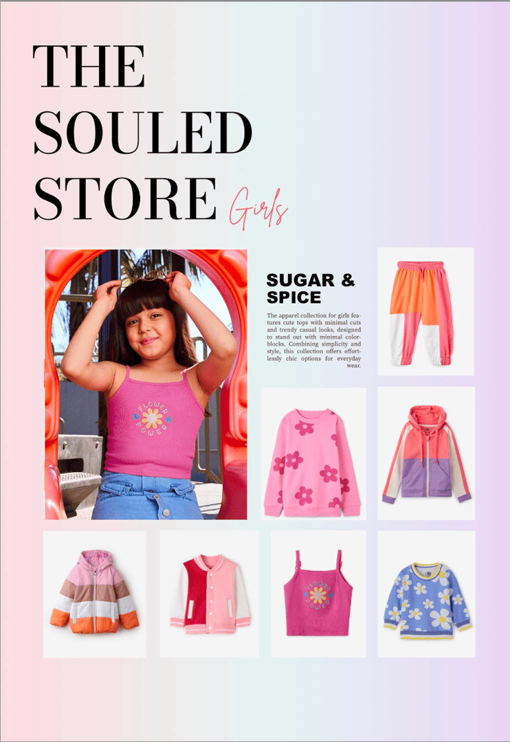 Ad featuring girls' clothing from The Souled Store, including colorful tops, jackets, and pants with floral designs.