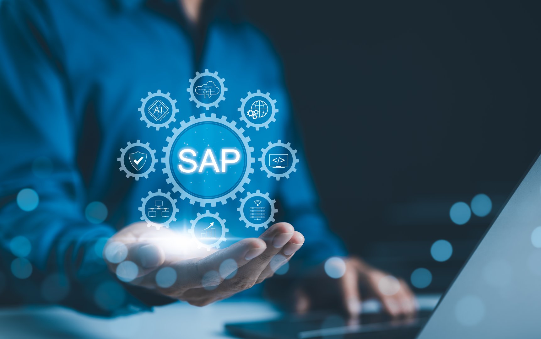 SAP System Application Products. Business process automation and management software concept. Businessman presents SAP related technology icons, business process automation, and management solutions.