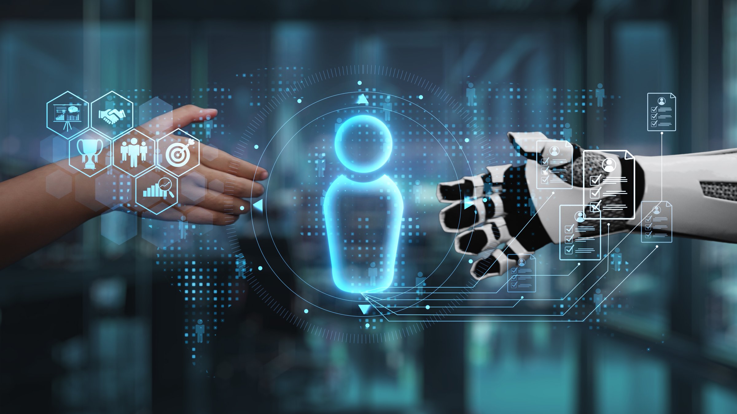 This image captures a symbolic interaction between a human hand and a robotic hand, representing the collaboration between humanity and technology in modern business environments. Auvana