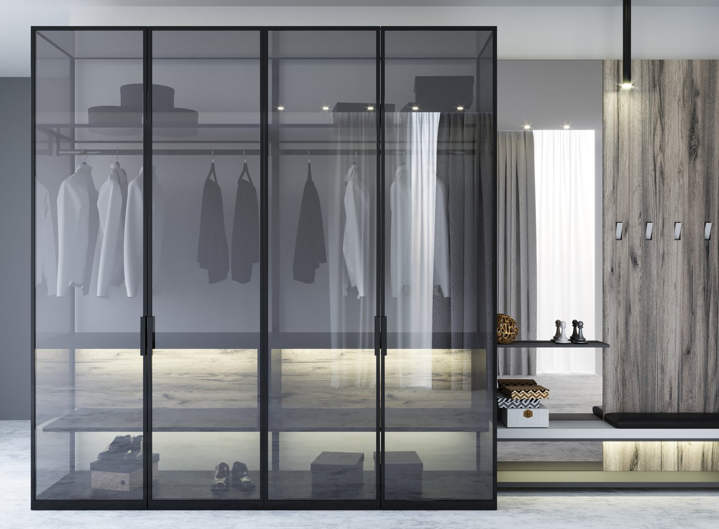 3d illustration. Modern dark wardrobe and minimalist loft doors. Furniture
