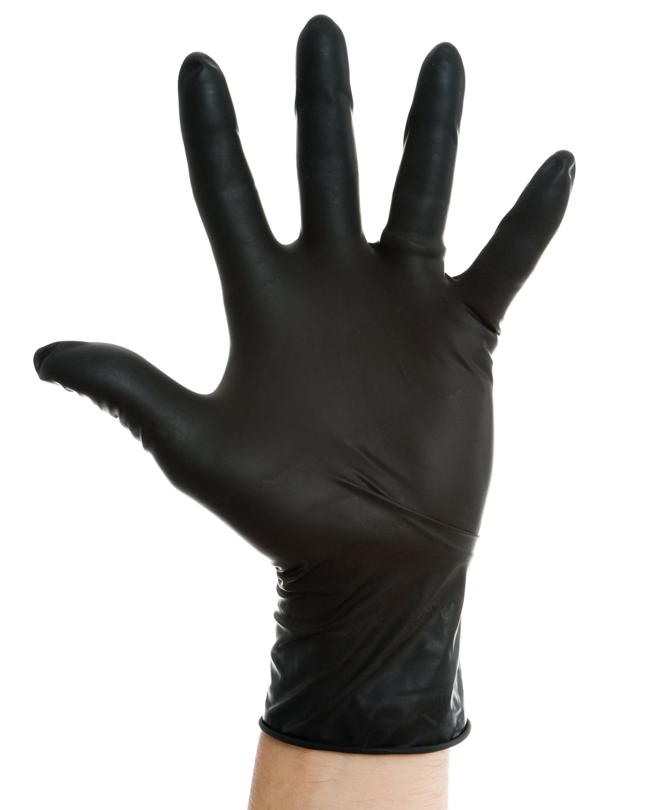 Hand in black glove making the gesture to stop