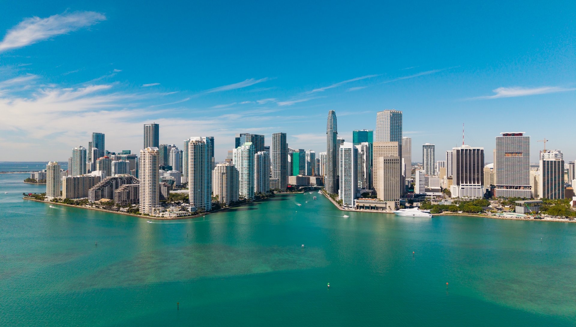 Panoramic modern architecture in Miami downtown, Florida. Miami skyline panoramic view. Aerial view of cityscape with skyscraper in Brickell Key, United States. Downtown Brickell Miami.