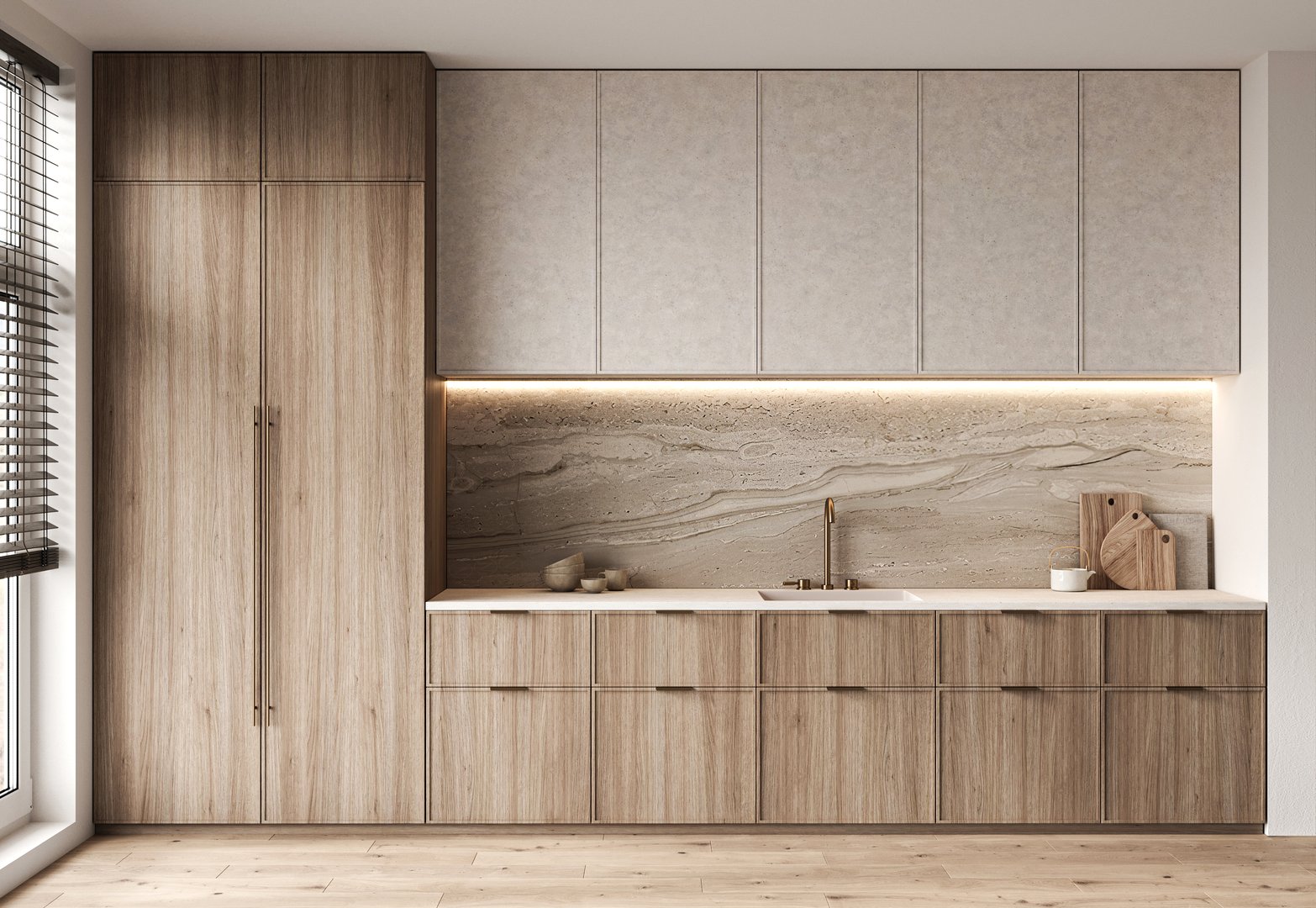 Modern kitchen design featuring tall wooden cabinets, integrated appliances, and a stunning sandstone backsplash with under cabinet lighting. 3d render