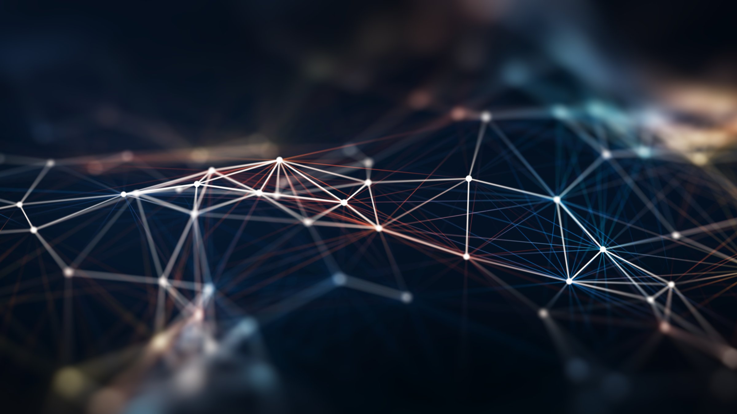 Abstract futuristic digital network grid with glowing nodes and connections, symbolizing data communication, AI, big data, and global networking in technology.