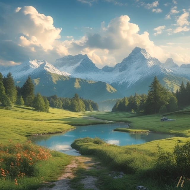 Scenic landscape with a mountain range, lush green fields, a winding river, and a blue sky with fluffy clouds.