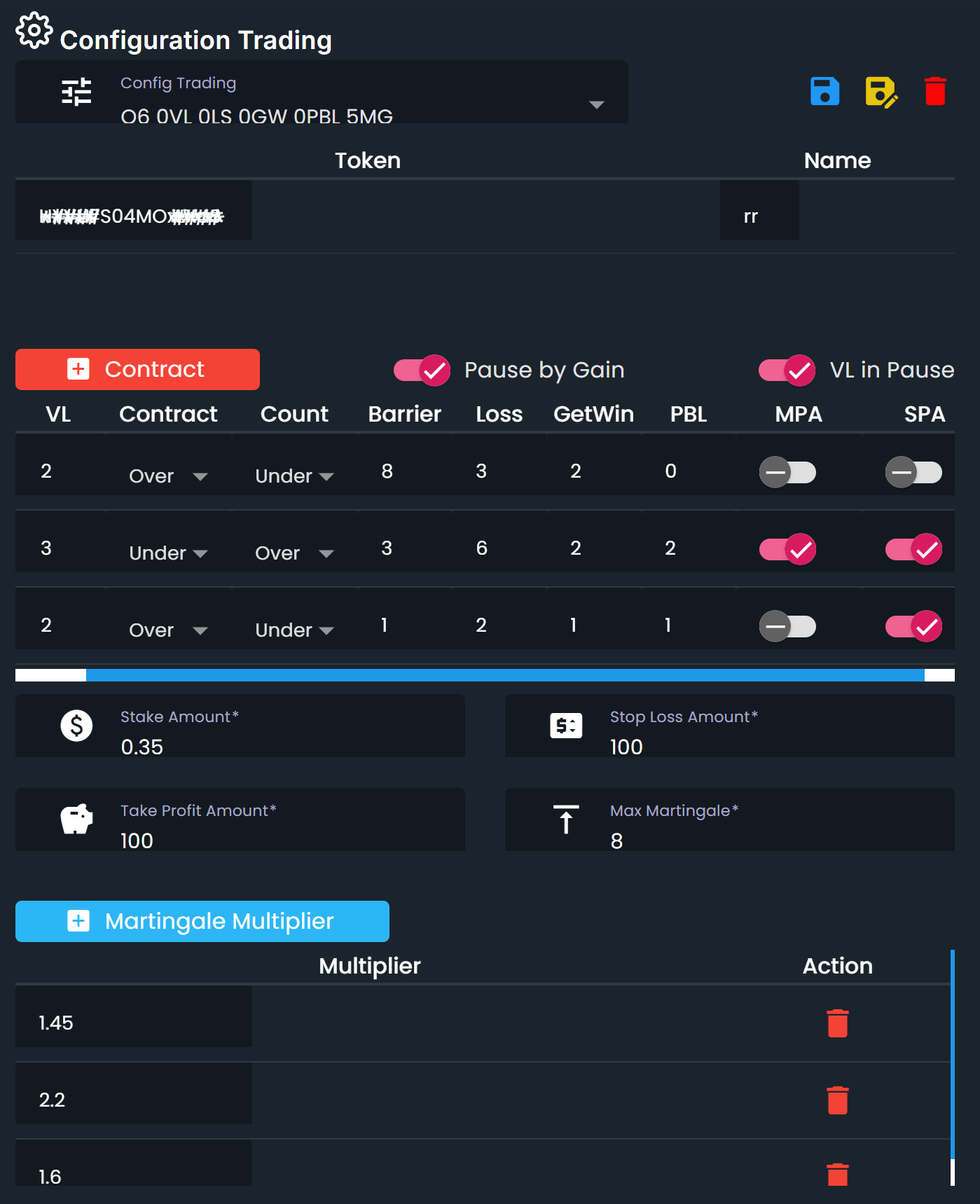 Trading configuration interface displaying contract, strategy settings, multipliers, and stop loss options.