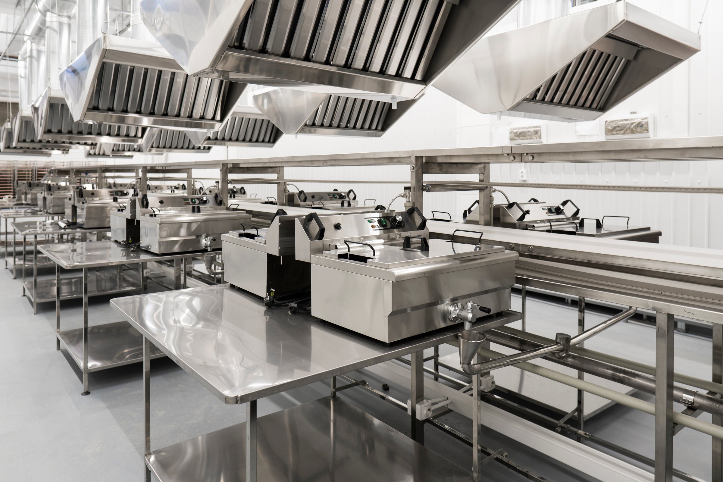 Food industry. Empty clean conveyor belt in a modern food factory. Food production concept