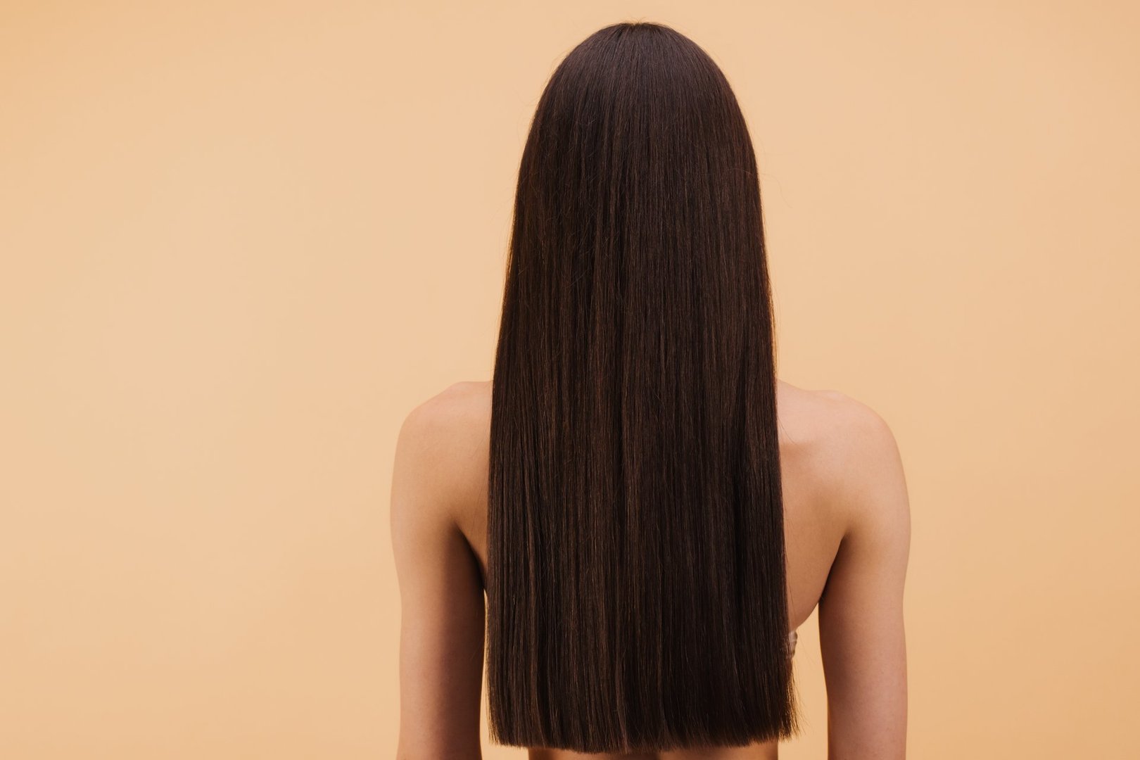 Back view of a model showing her beautiful long brown and straight hair in studio with beige background