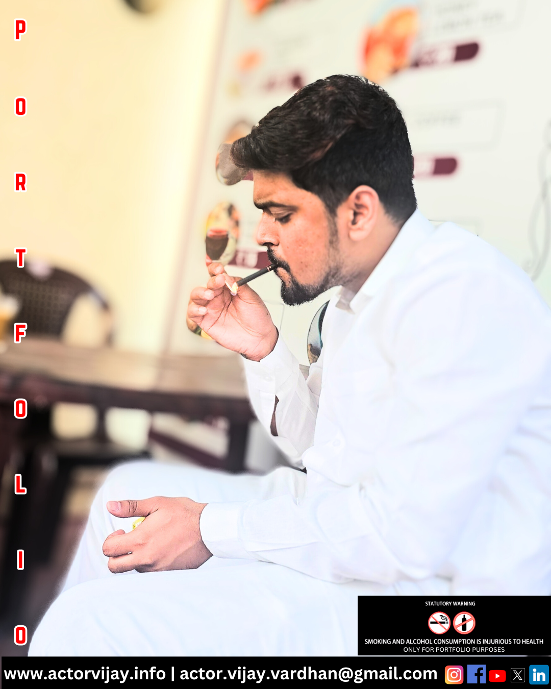 Man in white attire smoking a pipe, sitting indoors. Text around image includes contact info and social media icons.