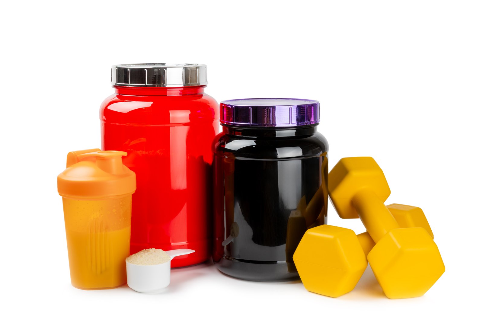 Protein powder.protein shake isolated on white background.Shaker bottle with protein.Food supplement.Whey protein powder with shaker for mixing.Sports nutrition.Concept of sports and healthy lifestyle