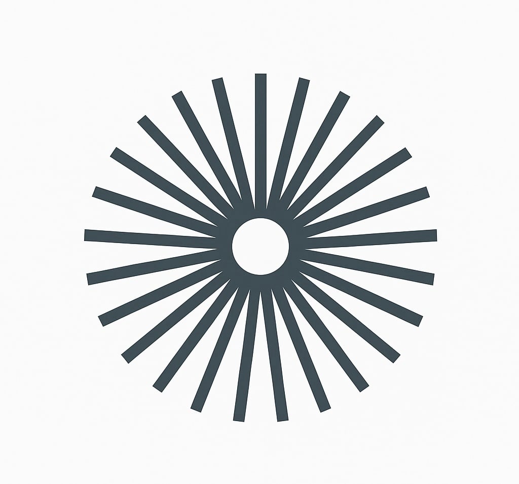 A circular design with radial lines extending outward from a central circle, resembling a stylized sunburst or wheel.