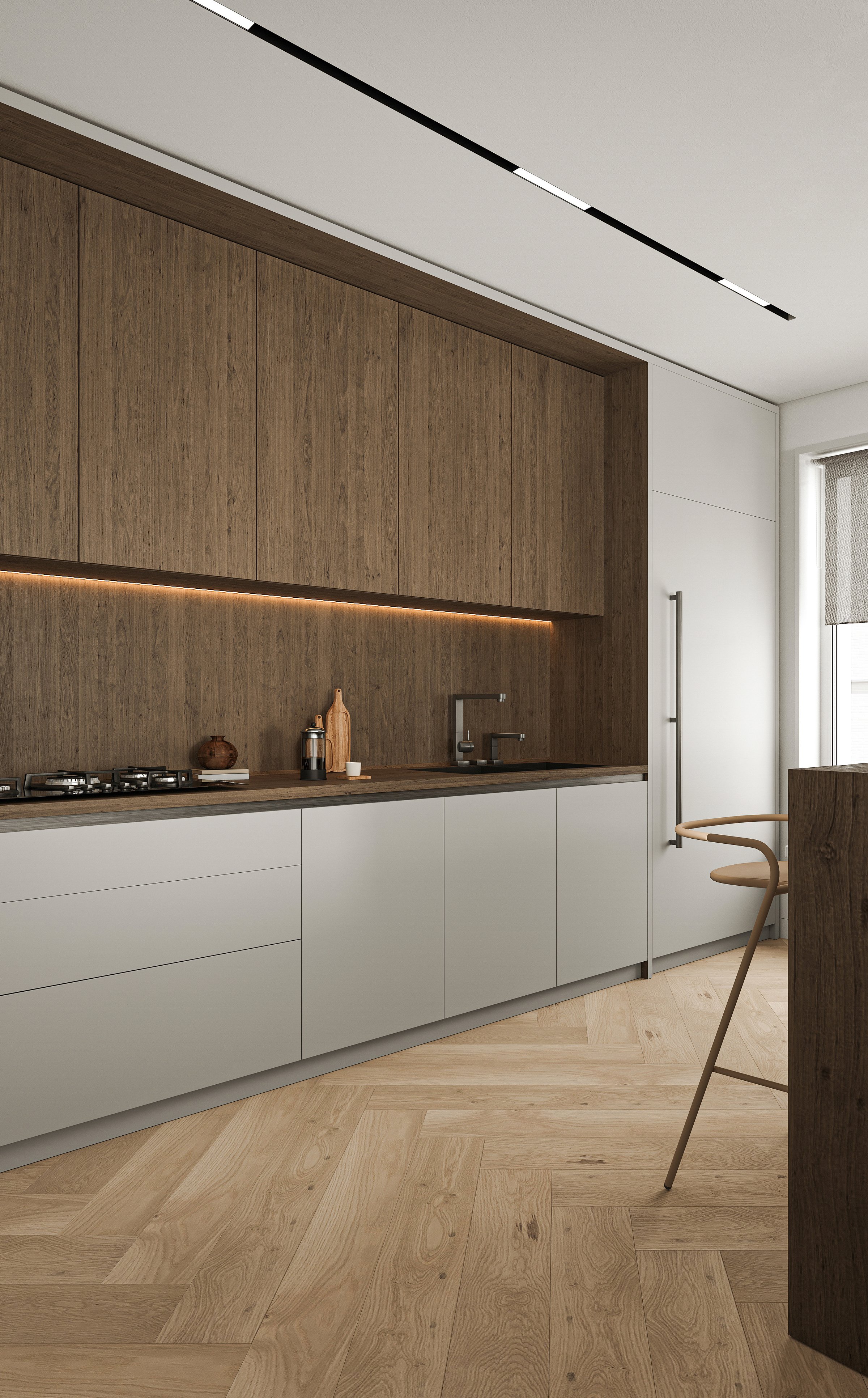 Modern minimal style wooden kitchen interior design with window and island background. 3d rendering. High quality 3d illustration.