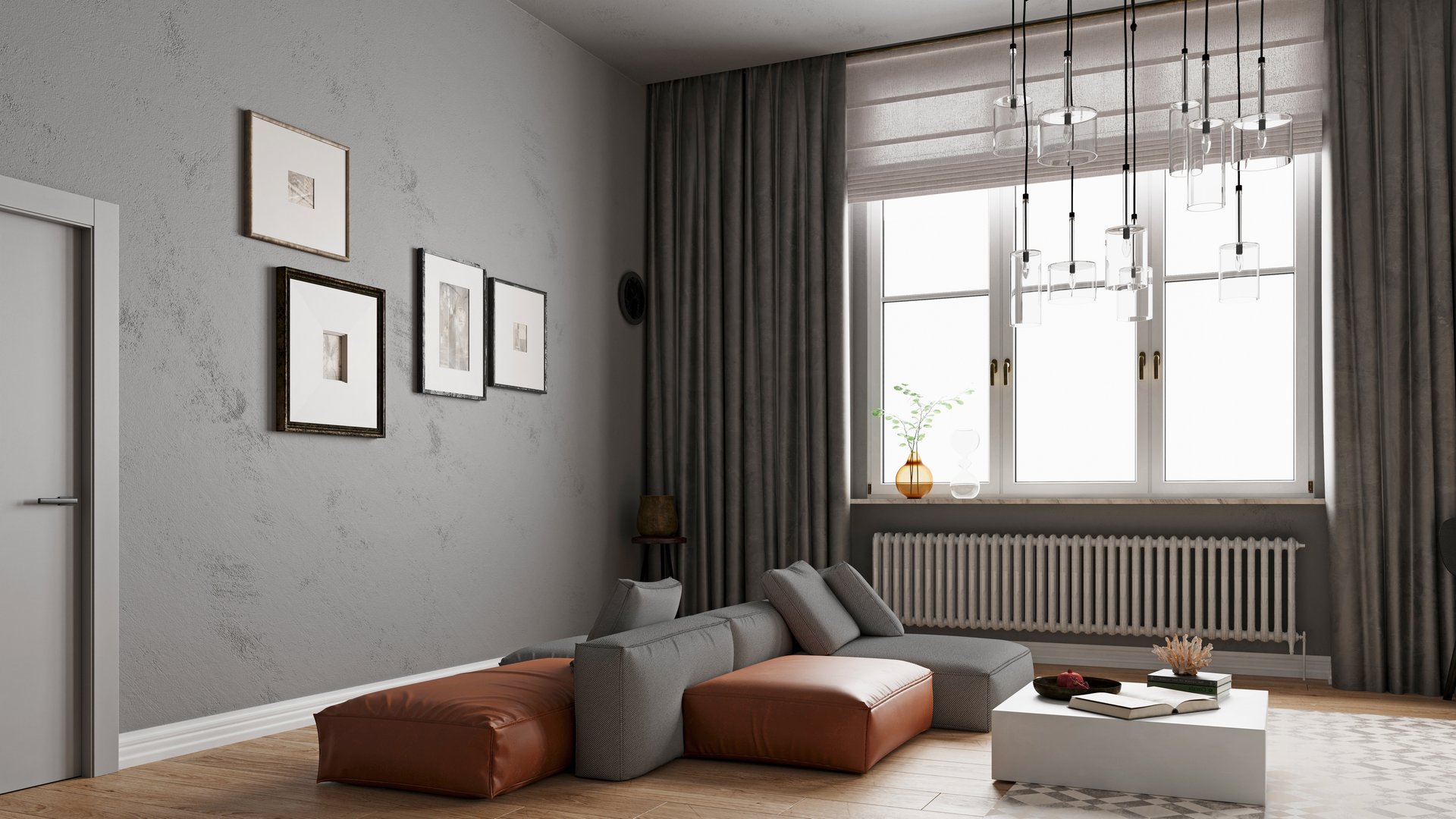 A 3D rendering of a modern living room featuring a modular sofa, textured grey walls, a large window with dark curtains, and a contemporary glass chandelier.