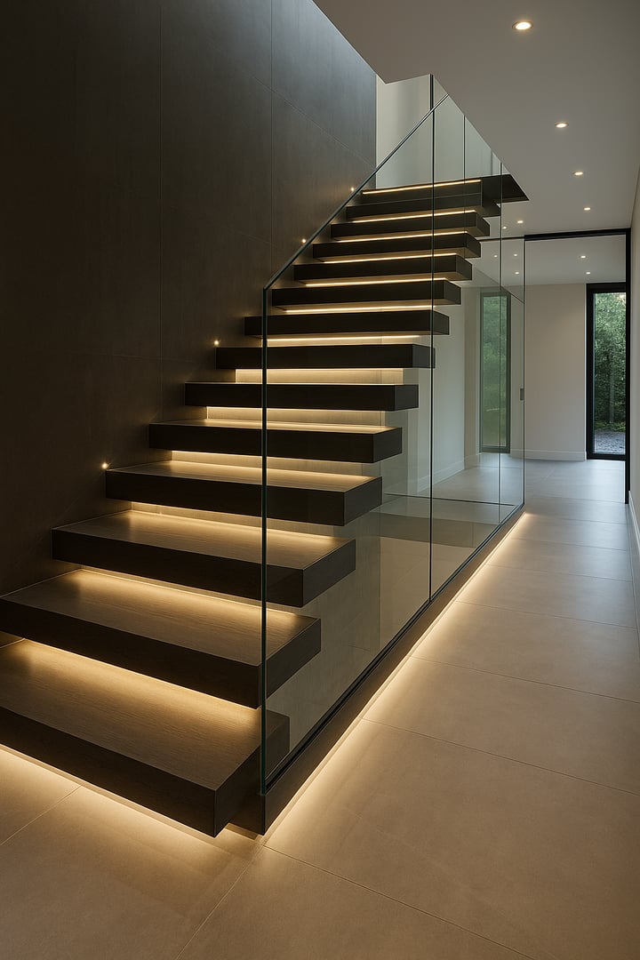 Modern luxury home exterior with large windows, stone facade, and spacious driveway at sunset.