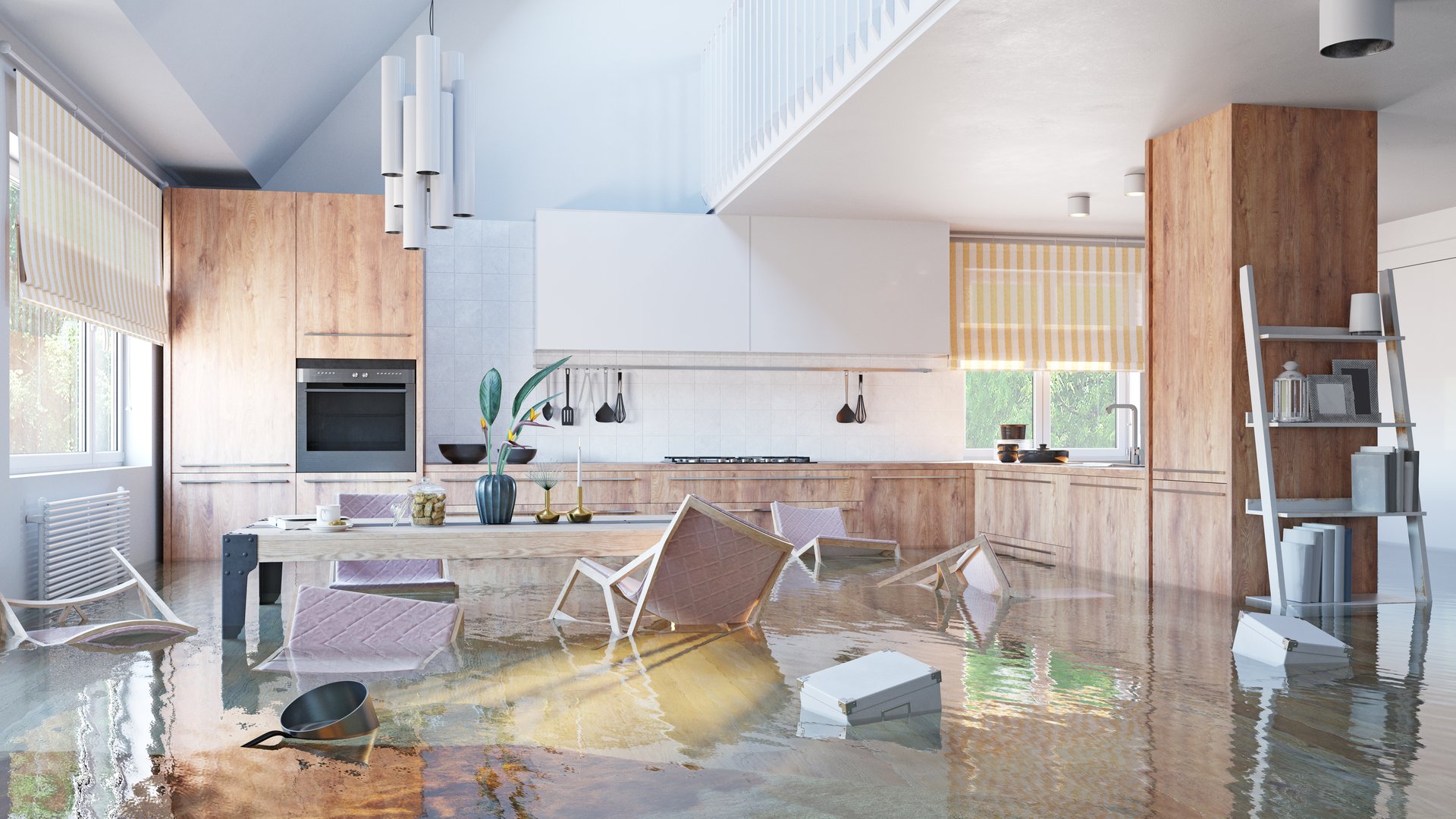 kitchen flooding interior. 3d rendering concept