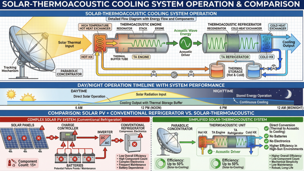 Solar thermal to acoustic conversion process diagram