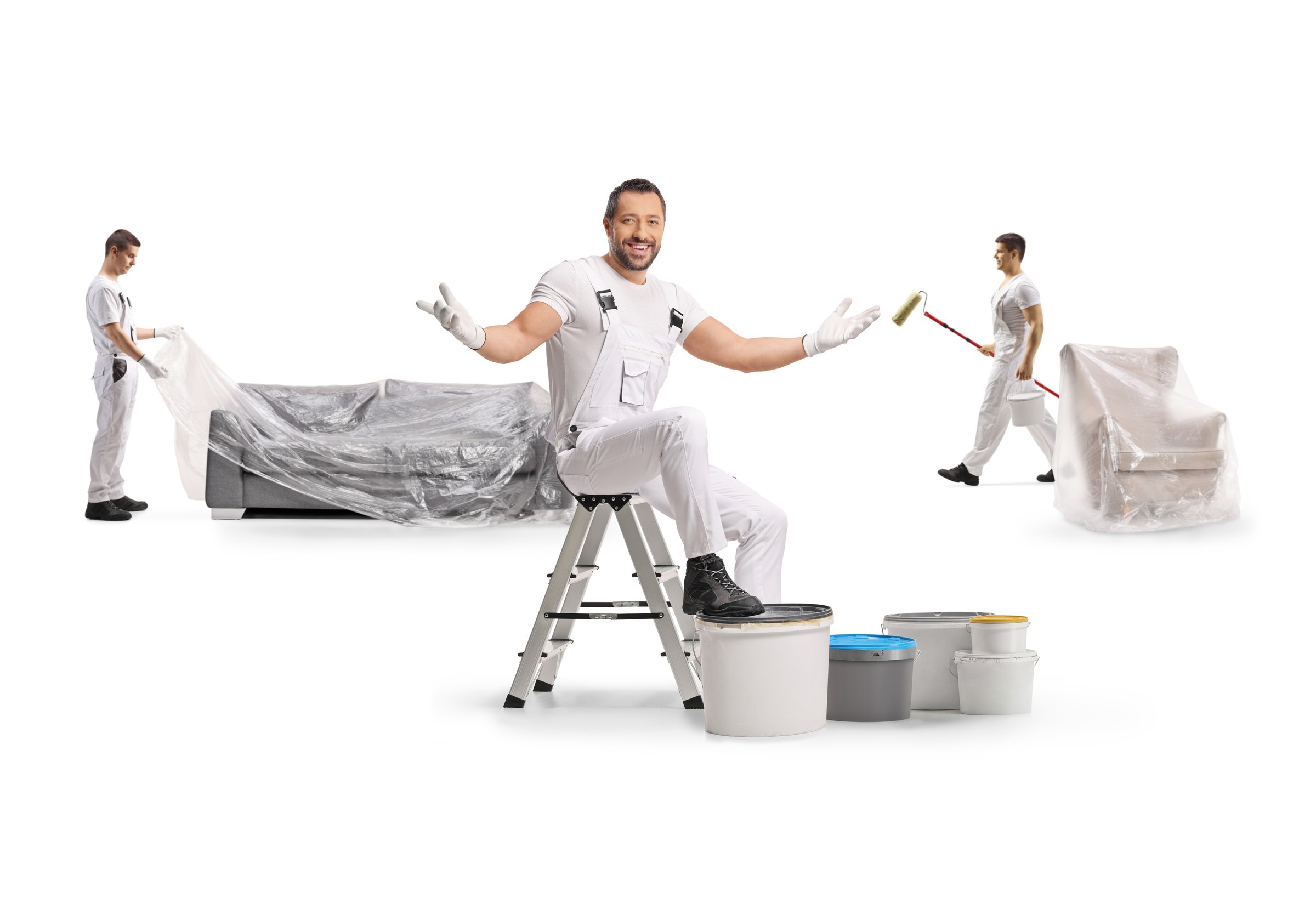 Painters getting ready for work and protecting furniture isolated on white background