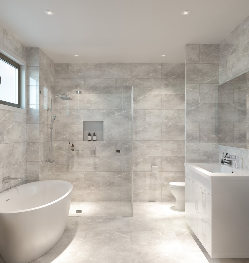 Frame-less glass shower, floor to ceiling stone tiles, freestanding bathtub, gloss white vanity.