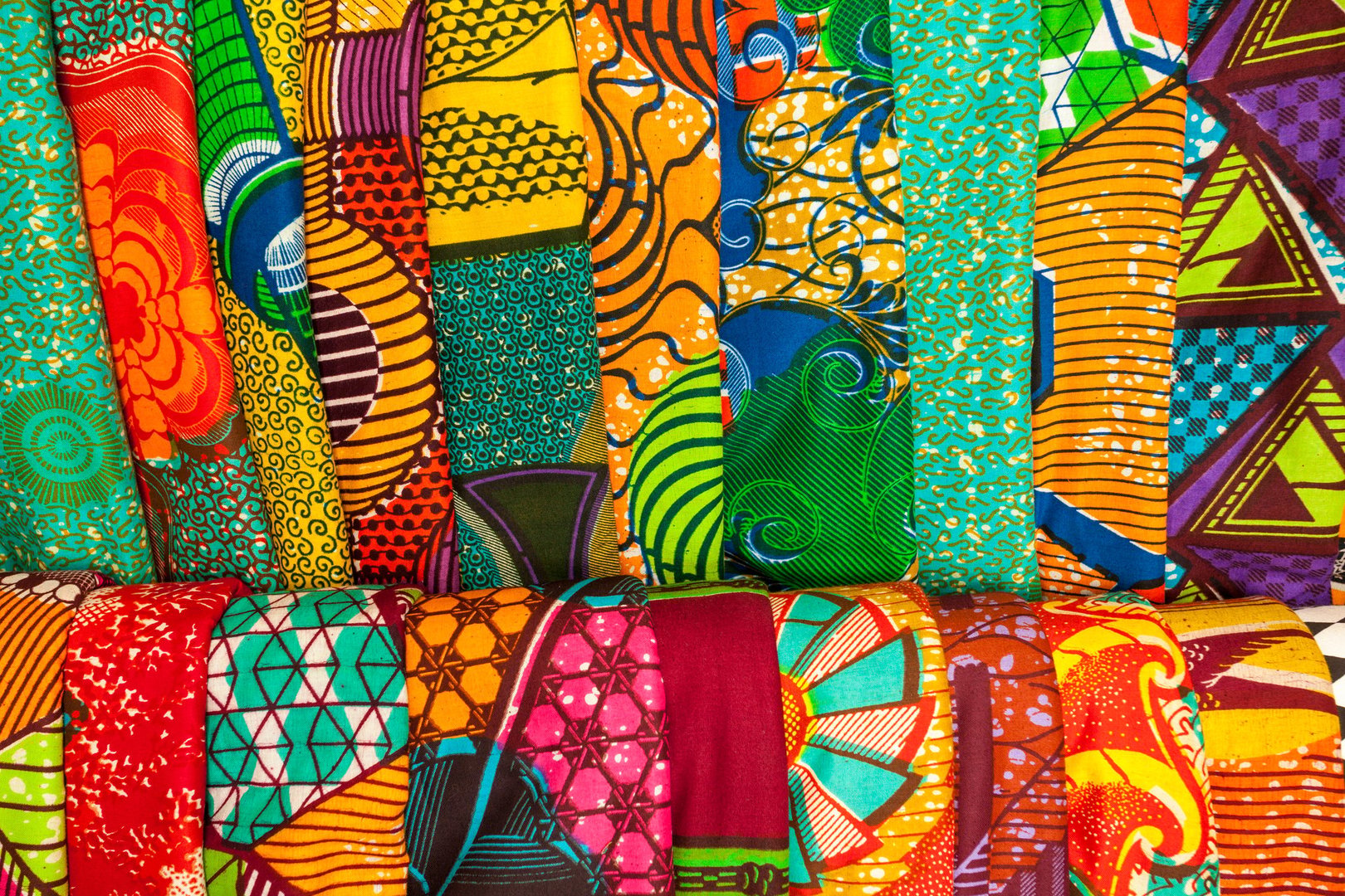 African traditional fabrics in a shop in Ghana, West Africa