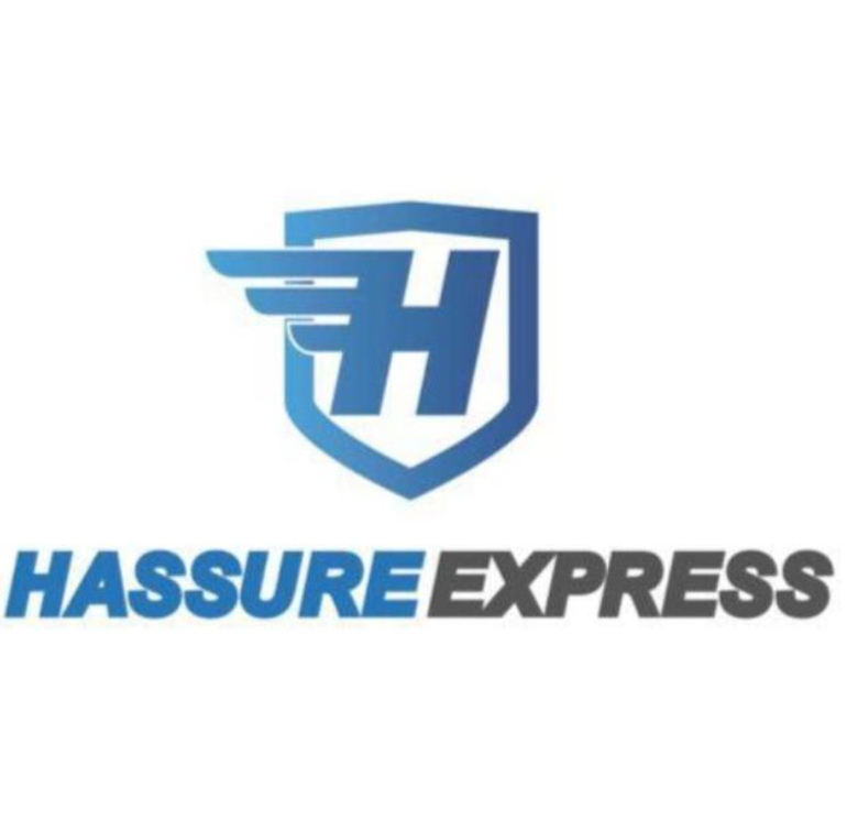 Logo with a stylized letter H and wing in a shield, followed by the text Hassure Express.