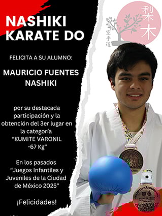 Karate student smiling with medals, holding a blue glove, congratulatory text in Spanish on the left.