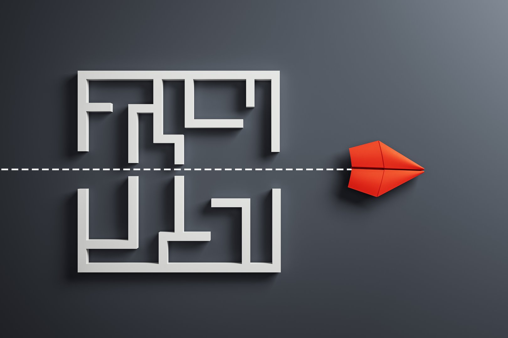 Red paper plane flying through a maze with a dotted line path, minimal 3D Rendering style, on dark background. Concept of leadership and strategy