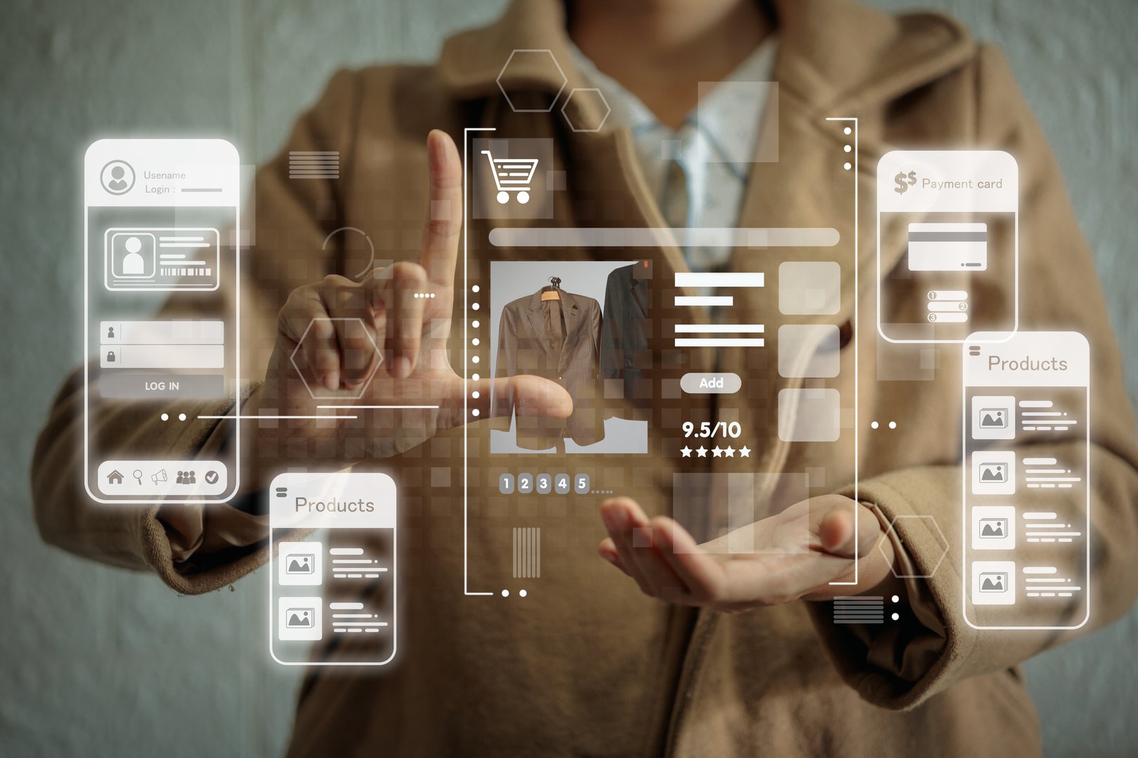 A person interacts with a holographic e-commerce interface, showcasing a shopping cart, product details, and payment options.