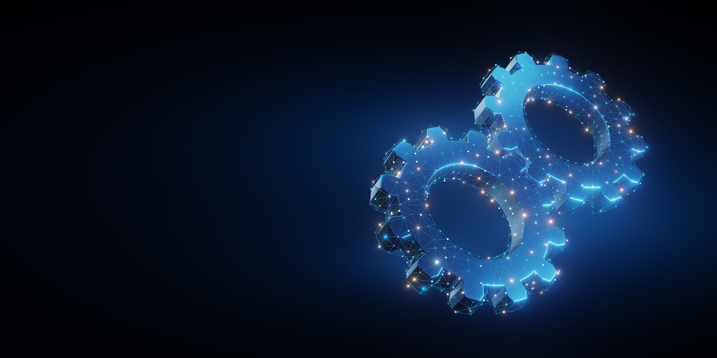 Abstract digital gears with interconnected points symbolizing technology, teamwork, and collaboration in a futuristic network environment.