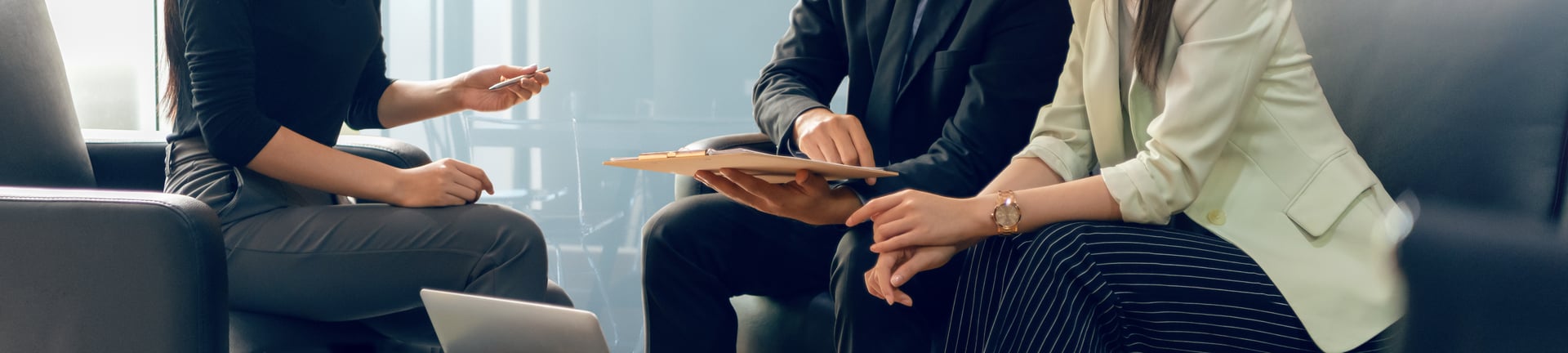 Panoramic view of entrepreneur, Businessperson negotiation in a meeting. Businessman and Businesswoman discussing, planning, consulting and brainstorming at the office.