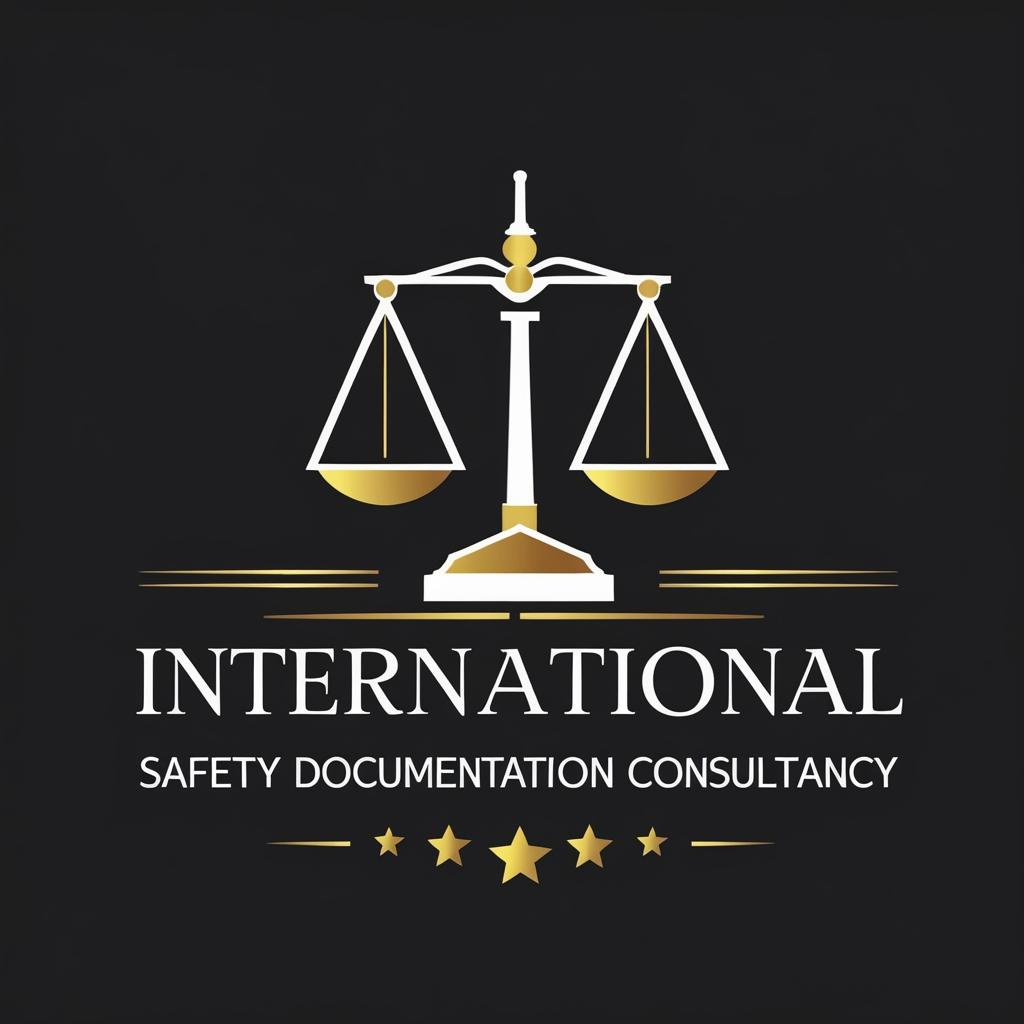Logo with a gold and white balance scale above the text International Safety Documentation Consultancy on a black background.