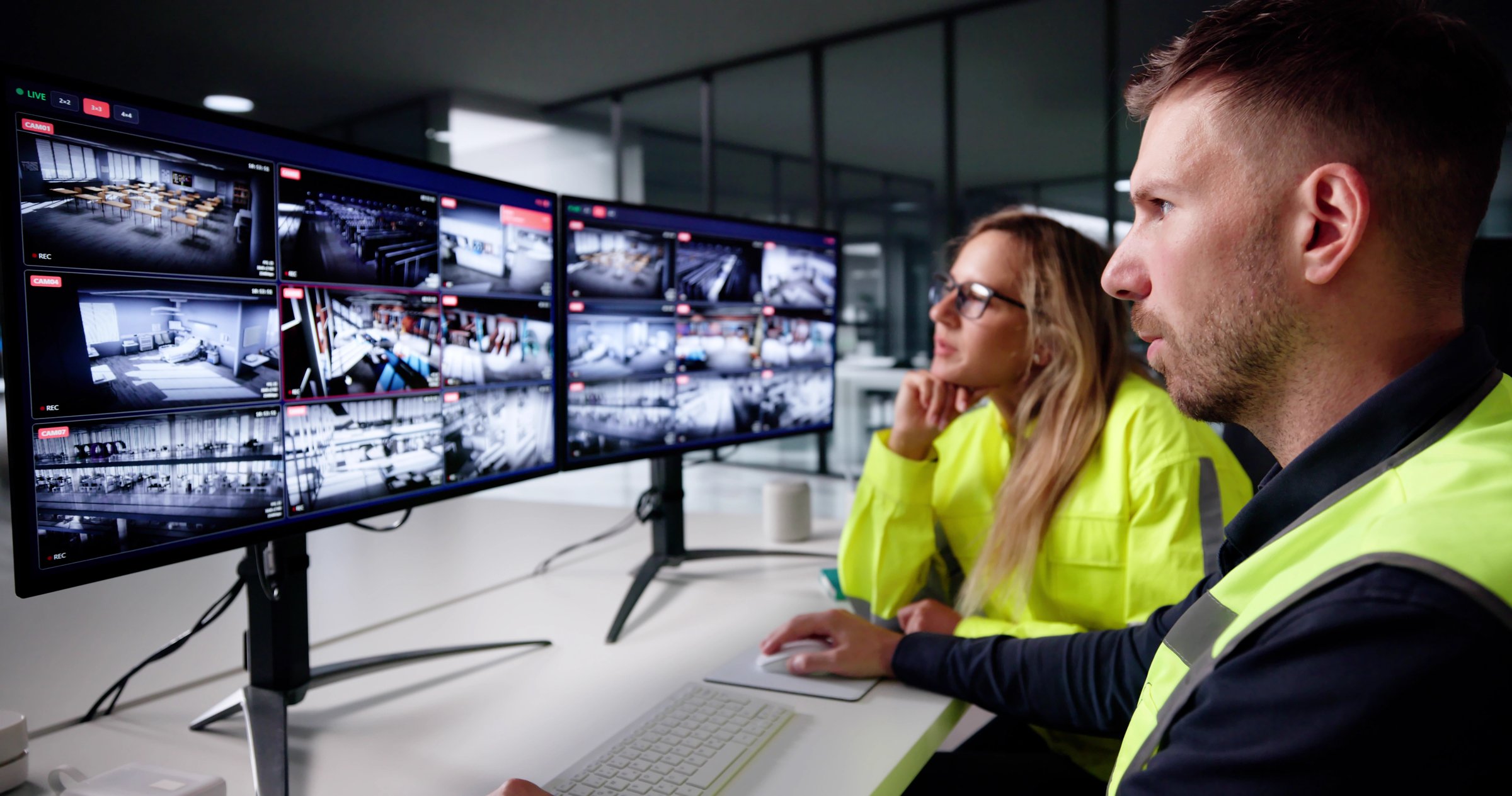 Corporate Surveillance Operator Examines CCTV Security Camera Control System Footage