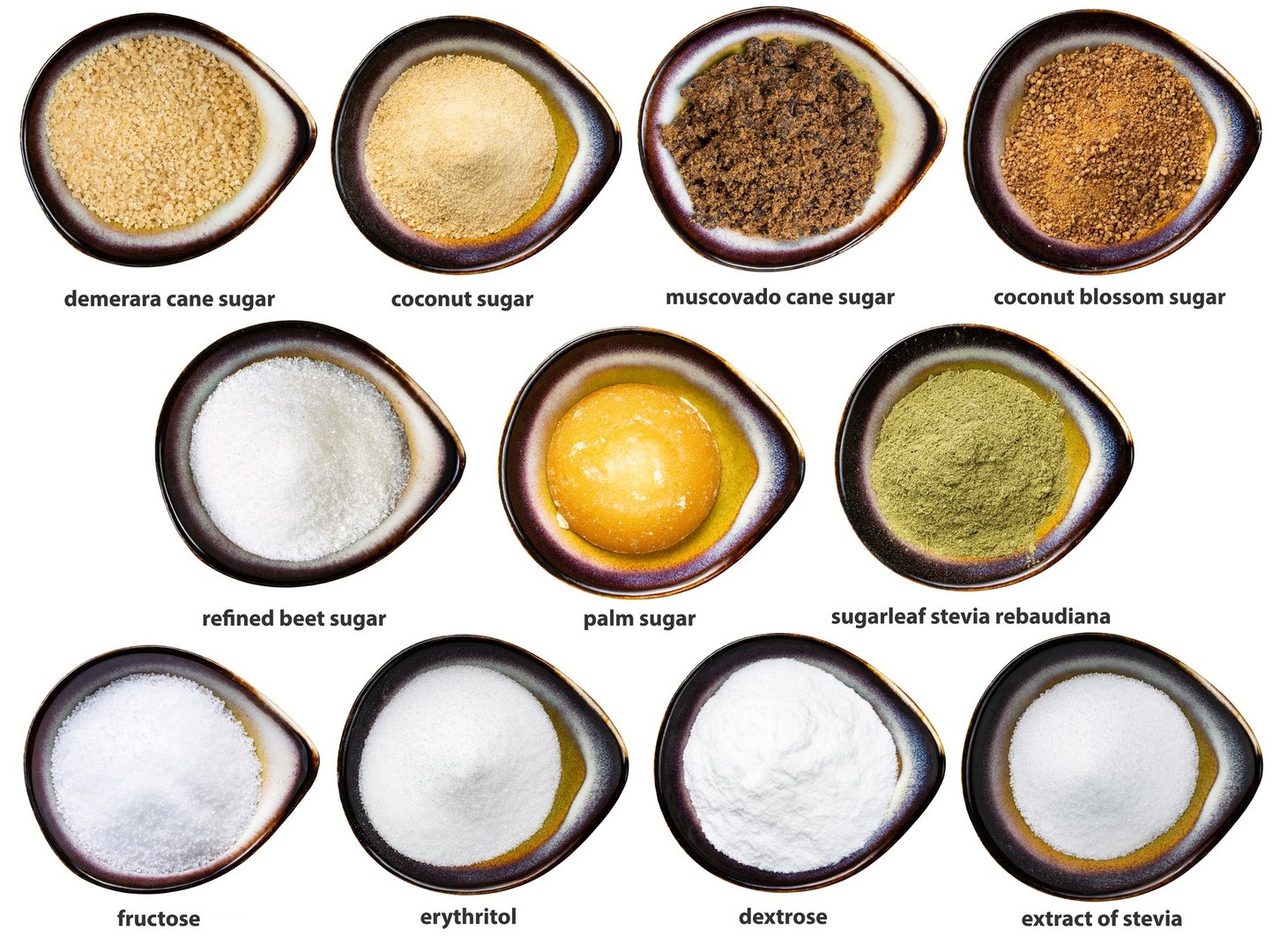 set of various sugars with names in ceramic bowls isolated on white background