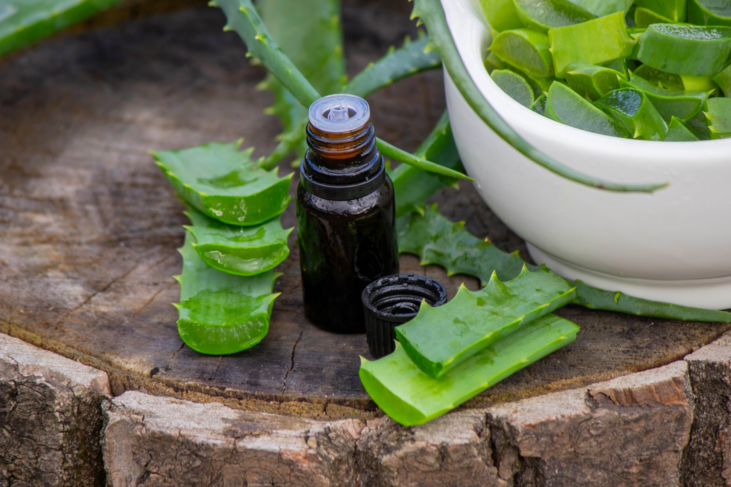 Close-up: Amber bottle of Aloe Vera oil essence and freshly cut leaves on wood.