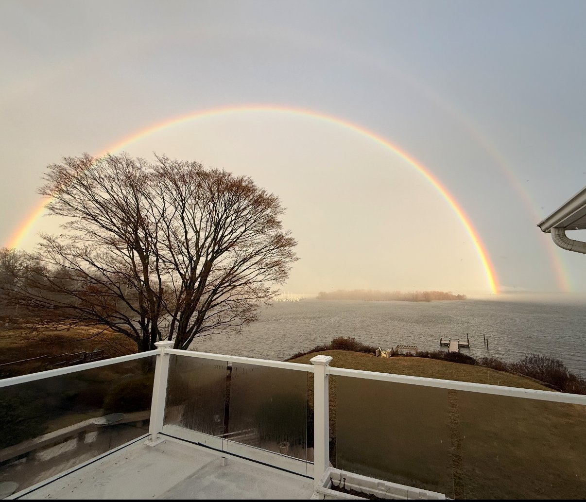 A vibrant double rainbow arches over a lake, with a leafless tree and a glass railing in the foreground.