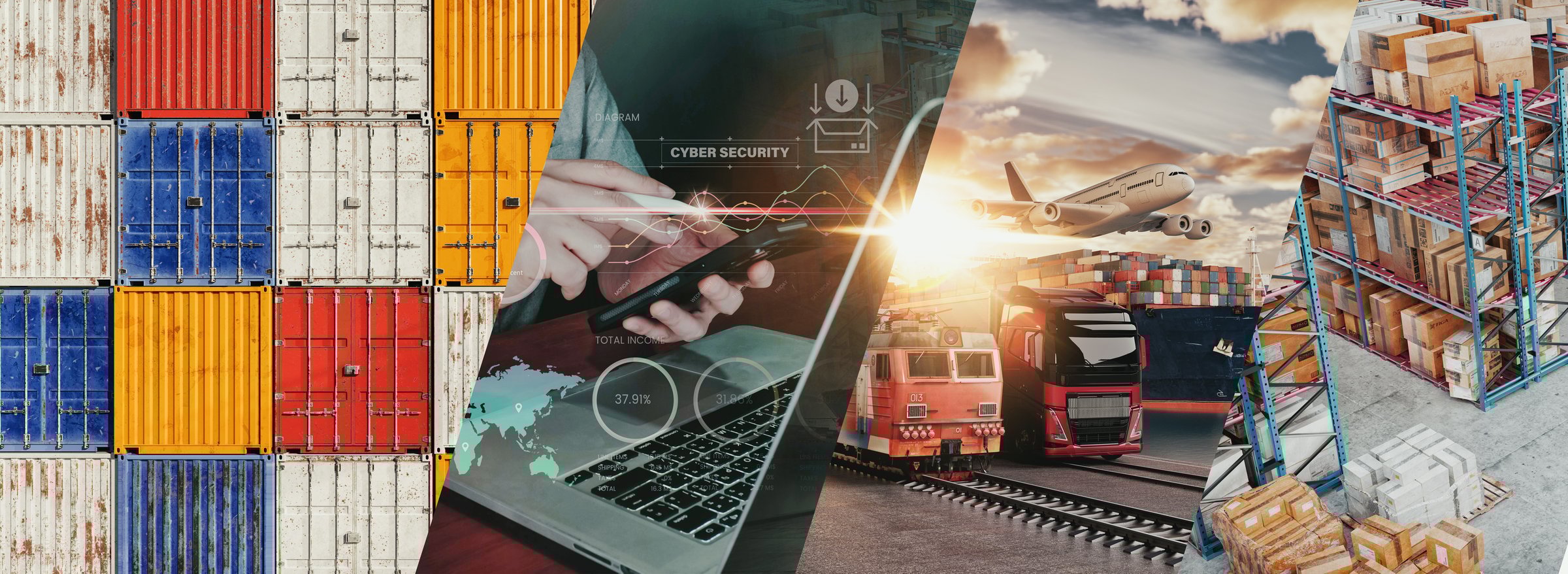 A 3D rendering illustration showcasing global logistics and supply chain elements, including cargo containers, transportation modes, warehouses, and cybersecurity.