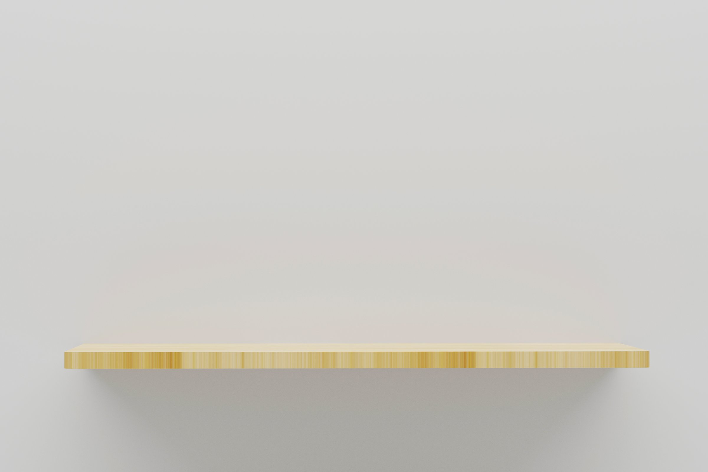 3d rendering floating wood shelf on empty white wall.