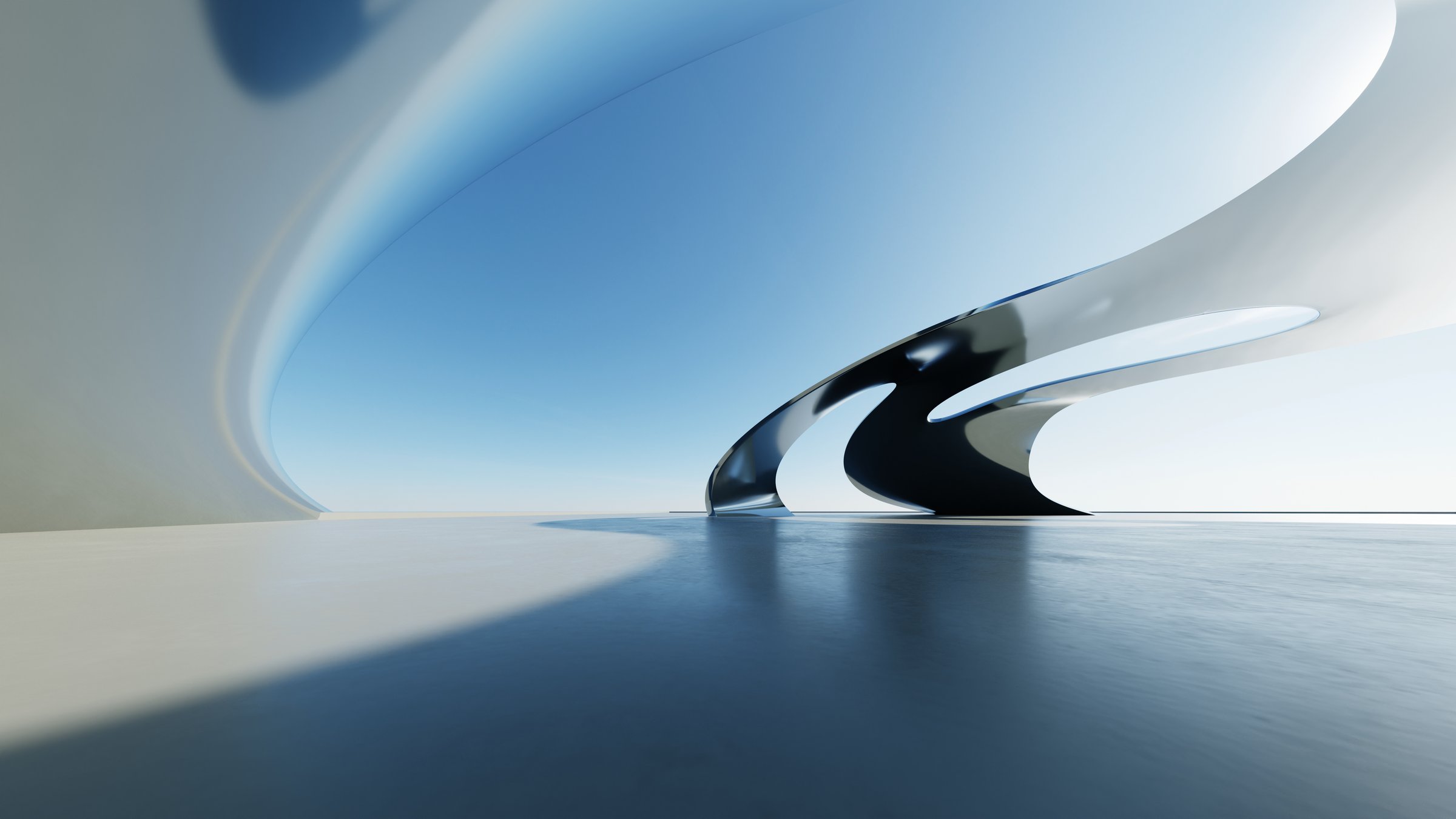 3d illustration of abstract wavy architecture background, Minimal curved geometry architectural design, Car presentation backdrop with empty concrete floor, Flowing geometric metal building design