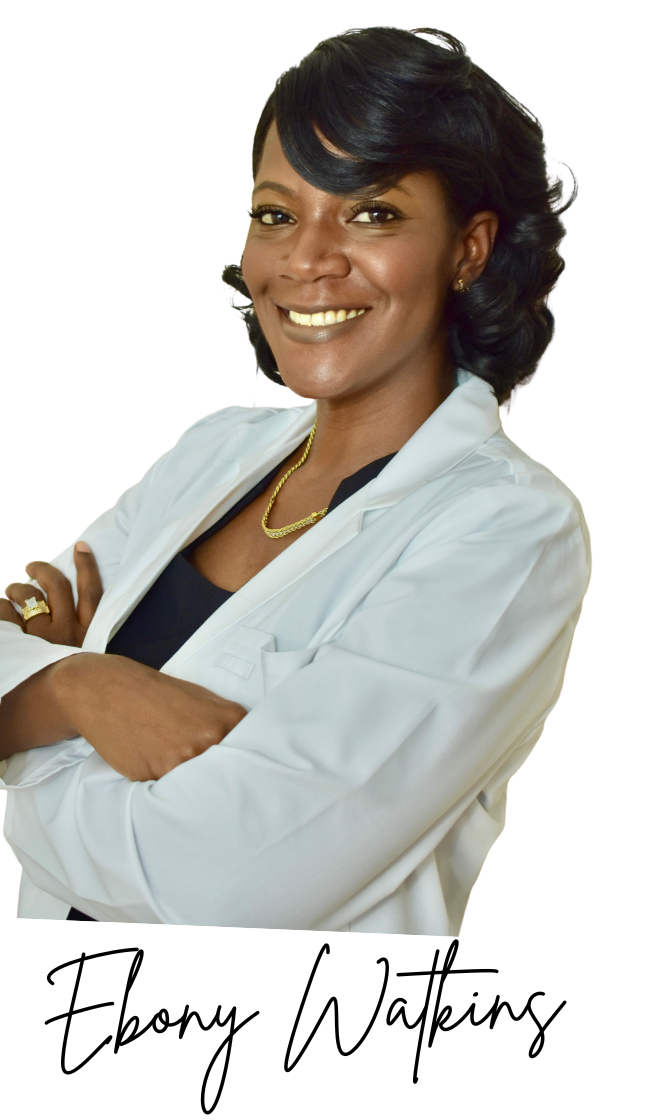 Person smiling, wearing a white coat with arms crossed. Name Ebony Watkins appears at the bottom.
