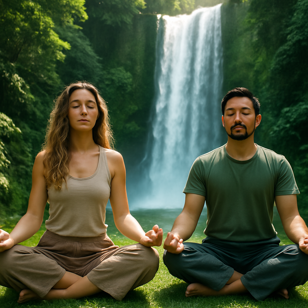 Two people meditating in lotus position on grass near a waterfall, surrounded by lush greenery.