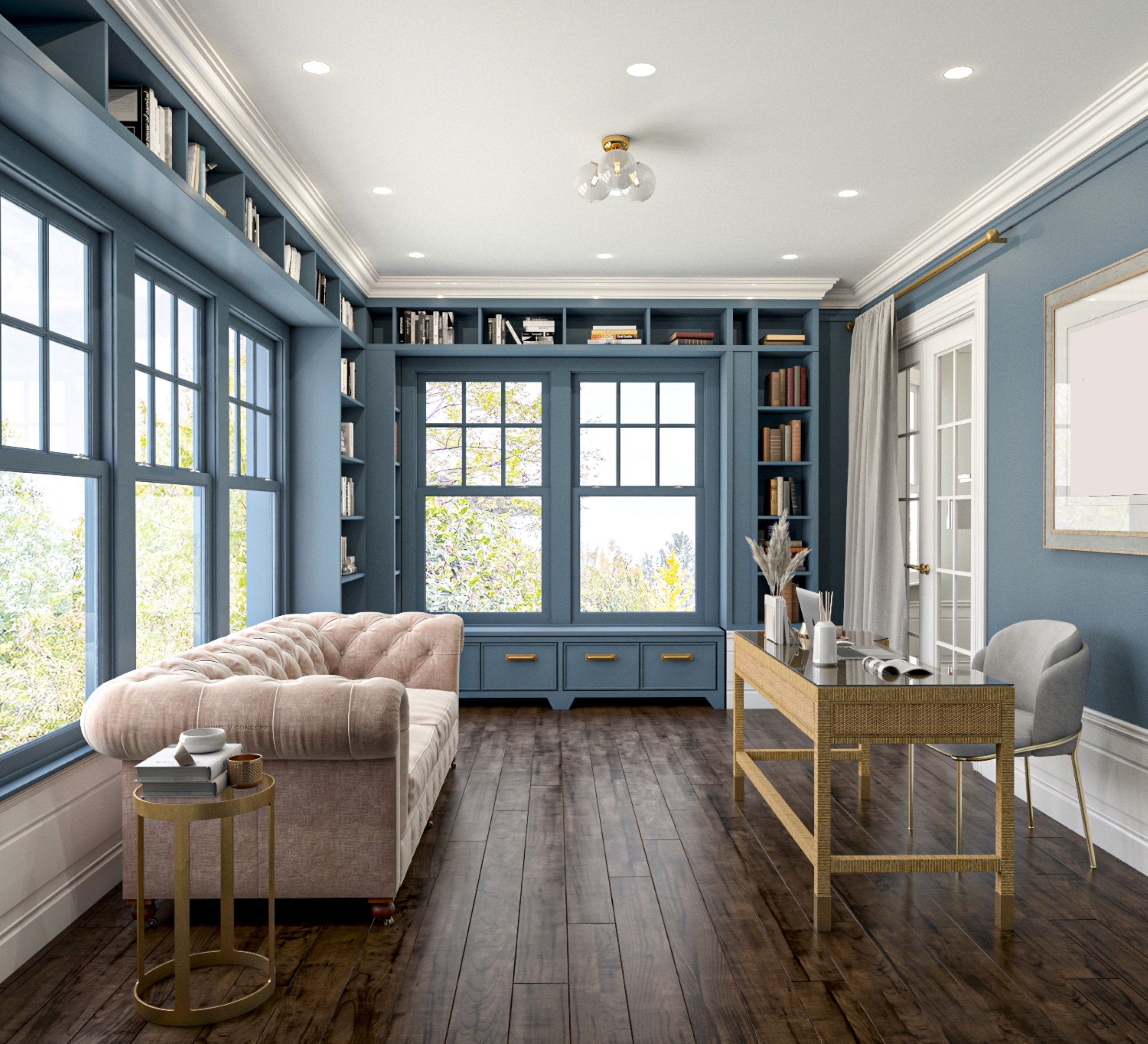 Stylish home library featuring built-in bookshelves painted blue, comfortable furniture, a warm ambiance, and natural light streaming through large windows. A modern yet cozy room for reading and productivity.