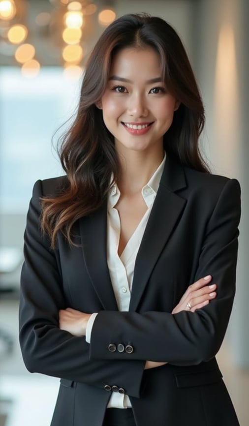 Smiling woman in a black suit with arms crossed, standing indoors with soft lighting.