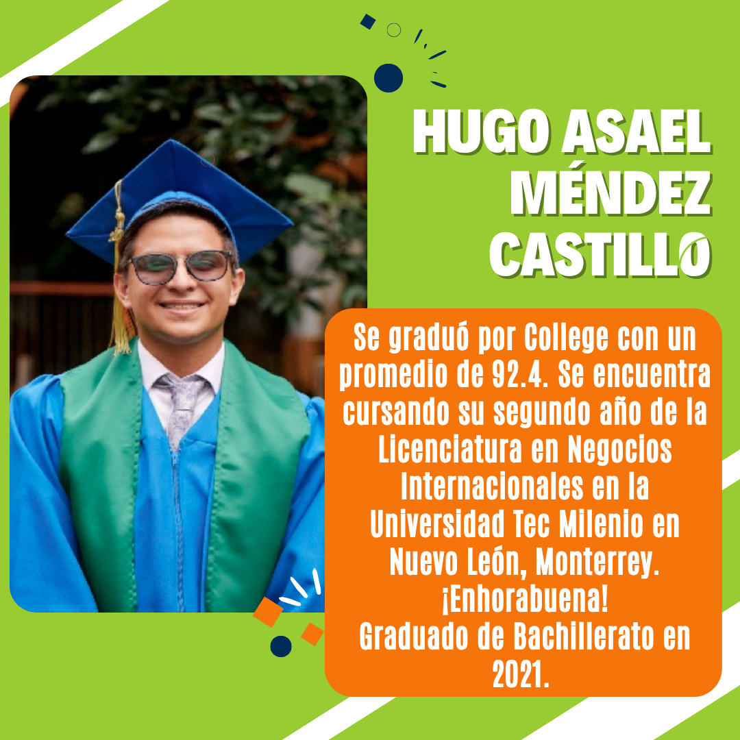 Young man in graduation attire with text about his academic achievements and ongoing studies in international business.